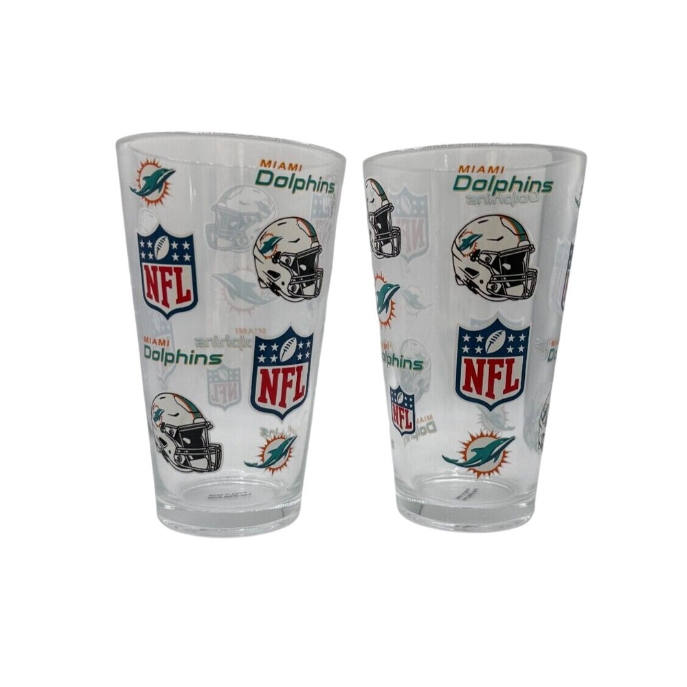 NFL Miami Dolphins 16 oz Glass Pint Set 2 Box All Over Print Logos NEW